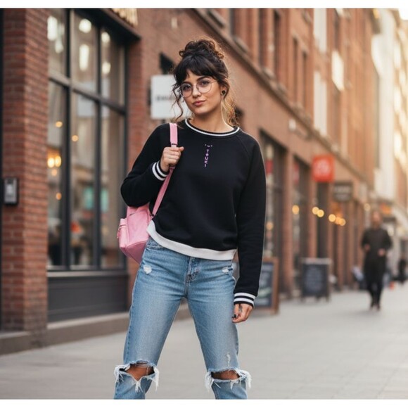 Tsuki Black Moon Pullover Sweatshirt XS Striped Trim Crewneck Casual Comfy - Picture 1 of 6